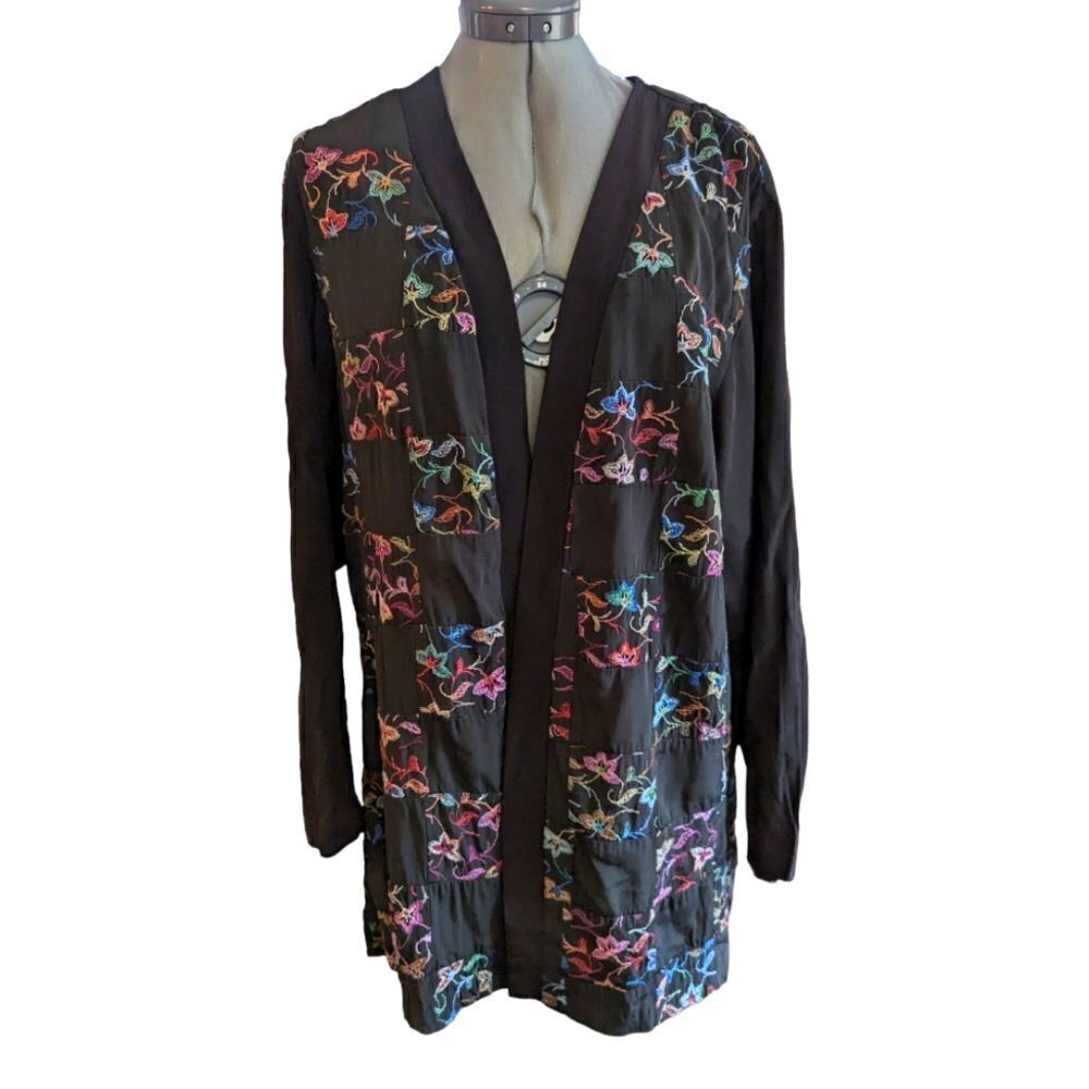 Vintage Wild Rose floral embroidered patchwork‎ black jacket cardigan